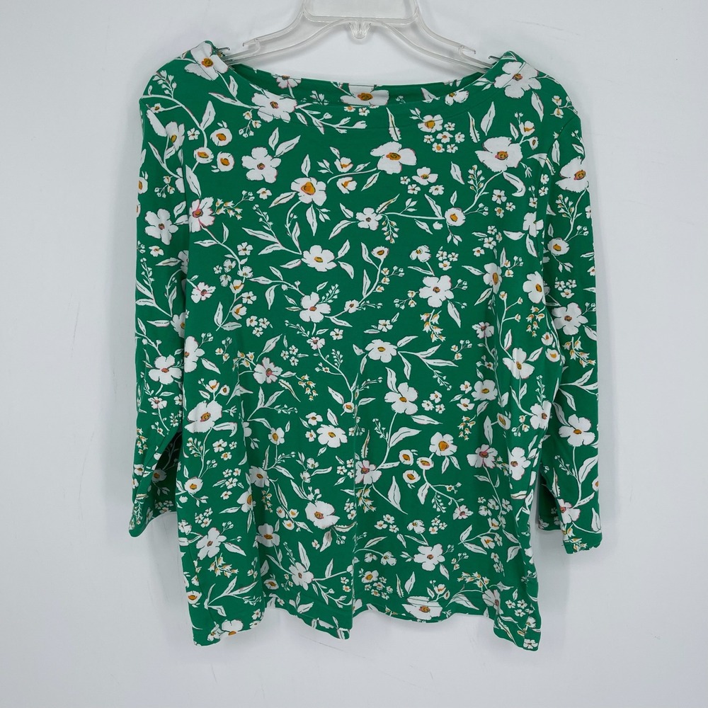 Croft & Barrow Women's Green Floral Boat Neck 3/4 Sleeve Cotton Knit Top Size XL